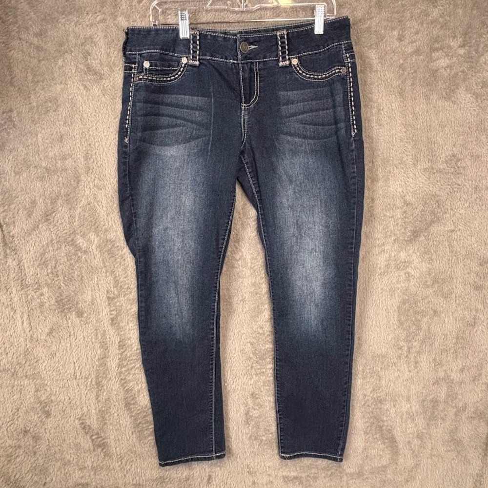 Maurices Womens Dark Wash Skinny Jeans Thick Contrast Stitch Embellished L-S